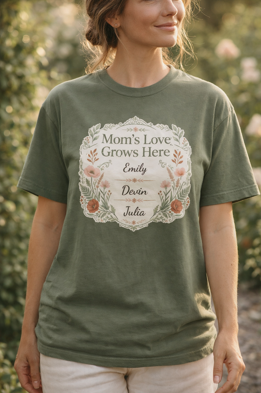 Personalized Mom Shirt with Kids Names, Mom’s Love Grows Here Shirt, Custom Mother’s Day Gift