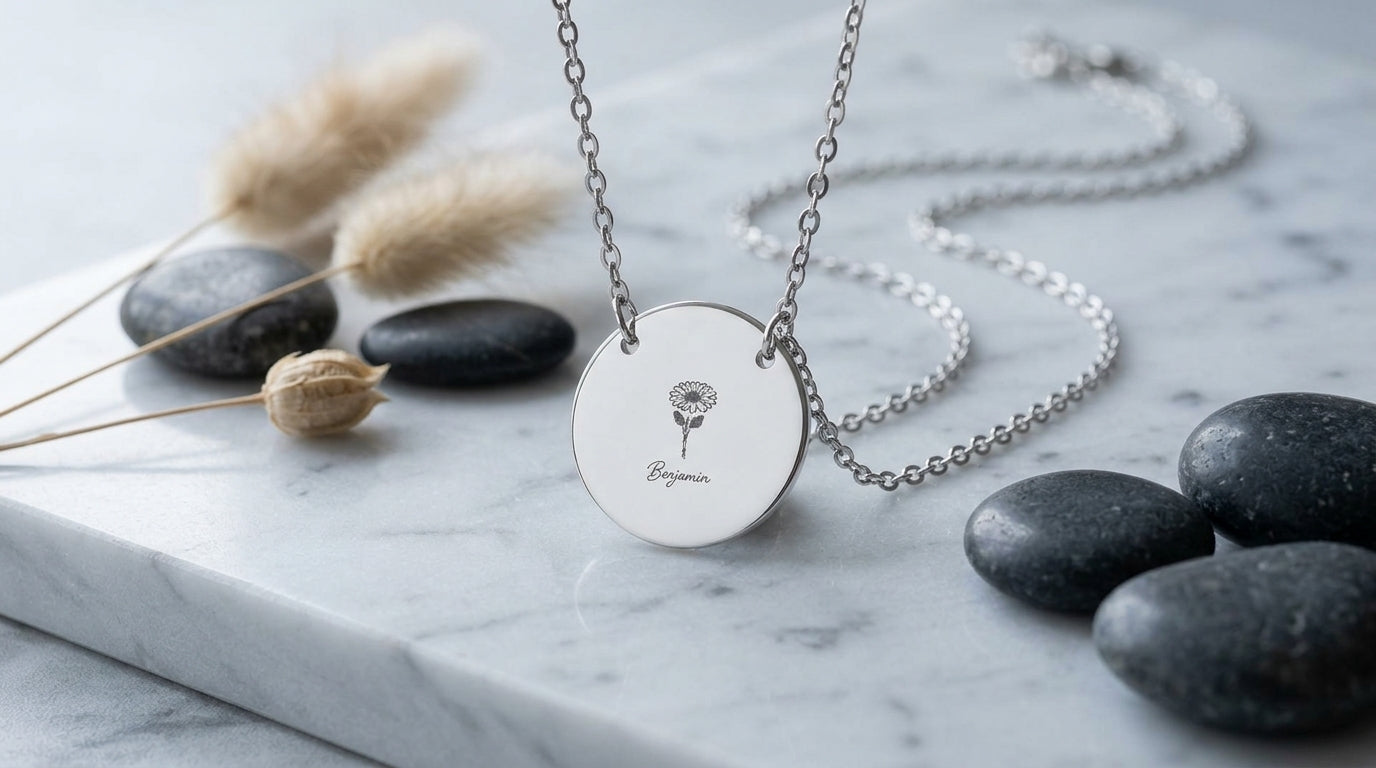 Personalized Birth Flower Name Necklace - Custom Engraved Disc Pendant - Sterling Silver or Gold Plated Floral Jewelry for Her