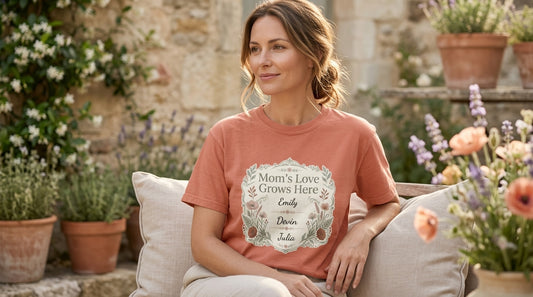 Personalized Mom Shirt with Kids Names, Mom’s Love Grows Here Shirt, Custom Mother’s Day Gift