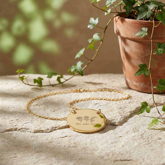Personalized Birth Flower Name Necklace - Custom Engraved Disc Pendant - Sterling Silver or Gold Plated Floral Jewelry for Her