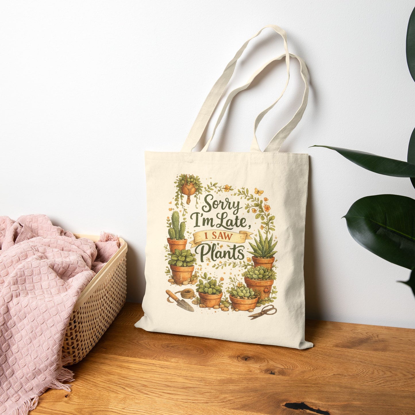 Sorry I’m Late I Saw Plants Tote Bag | Funny Plant Lover Tote | Botanical Market Bag | Gift for Plant Mom | Gardener Gift